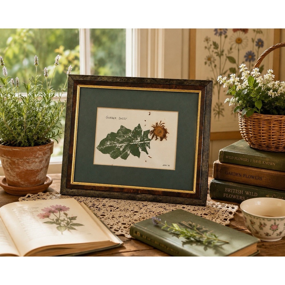 Vintageโ Pressed Gerber Daisy Botanical Art Signed Jean 1997 Framed Floral 12x10